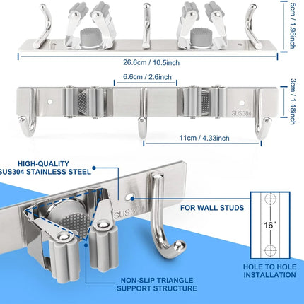 Mop Broom Holder Wall Mounted Heavy Duty Clips & Hangers Storage Rack 2 Hooks