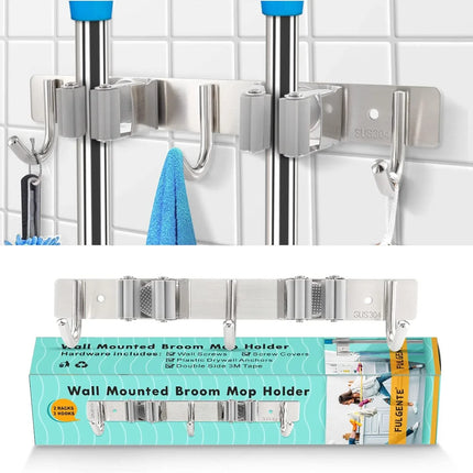 Mop Broom Holder Wall Mounted Heavy Duty Clips & Hangers Storage Rack 2 Hooks