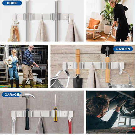 Mop Broom Holder Wall Mounted Heavy Duty Clips & Hangers Storage Rack 2 Hooks